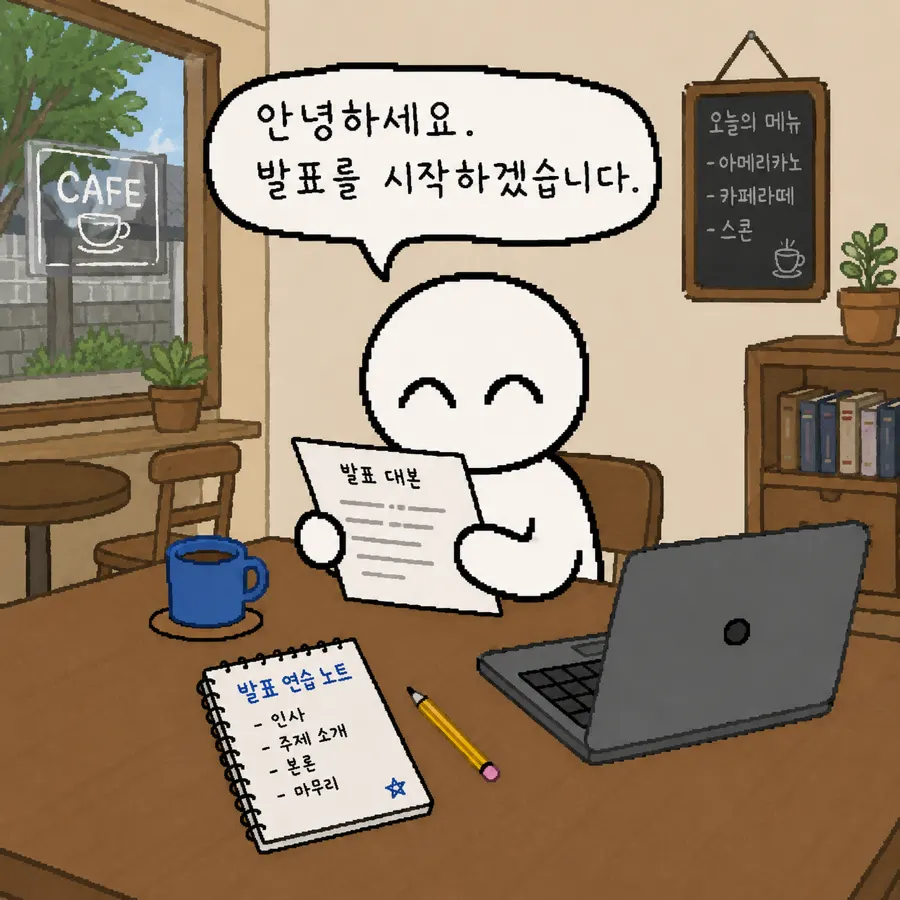 카페에서 노트북과 발표 대본을 보며 발표 첫 문장을 연습하는 장면