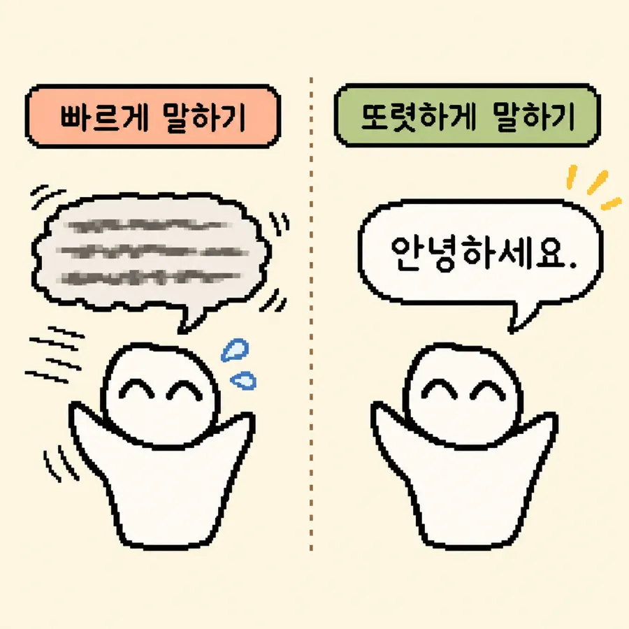 빠르게 말하기와 또렷하게 말하기를 비교하는 말풍선 일러스트