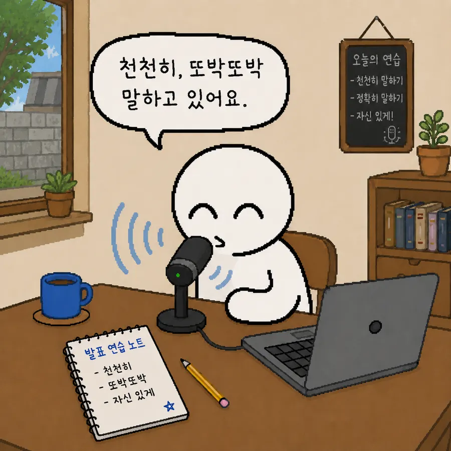 마이크 앞에서 천천히 또박또박 말하기를 연습하는 장면