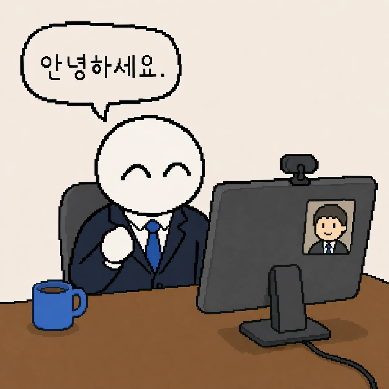 노트북과 카메라 앞에서 온라인 면접을 준비하는 장면