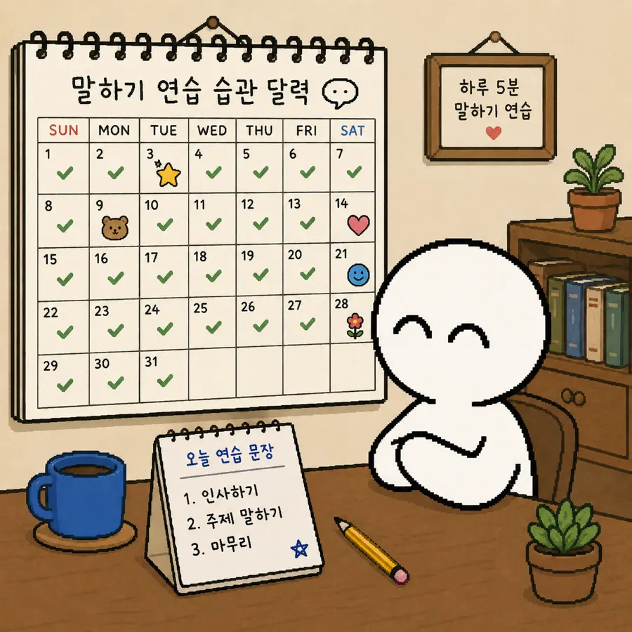 말하기 연습 습관 달력에 매일 완료 표시가 쌓이는 장면