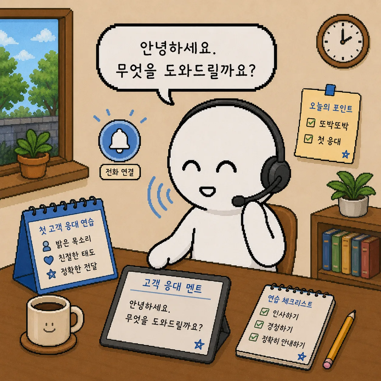 헤드셋을 끼고 전화와 고객 응대 문장을 연습하는 장면