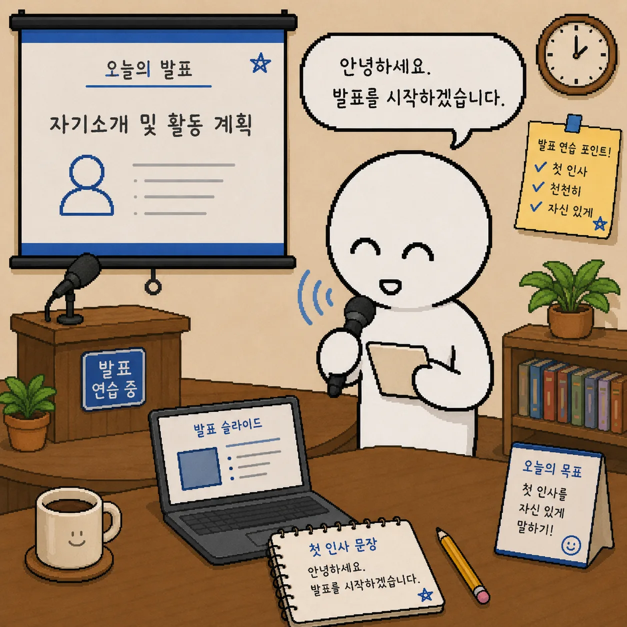 발표 자료와 마이크 앞에서 발표 첫 문장을 연습하는 장면