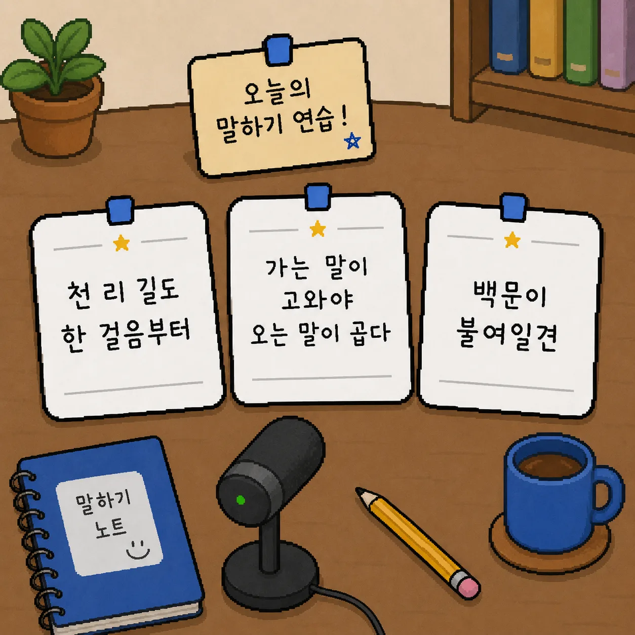 책상 위 명언 카드 3장과 마이크가 놓인 오늘의 말하기 연습 장면
