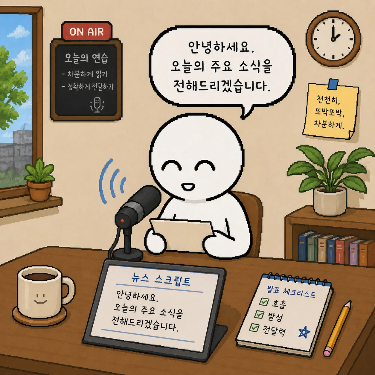 대본을 보며 영상 녹화 첫 문장을 연습하는 장면