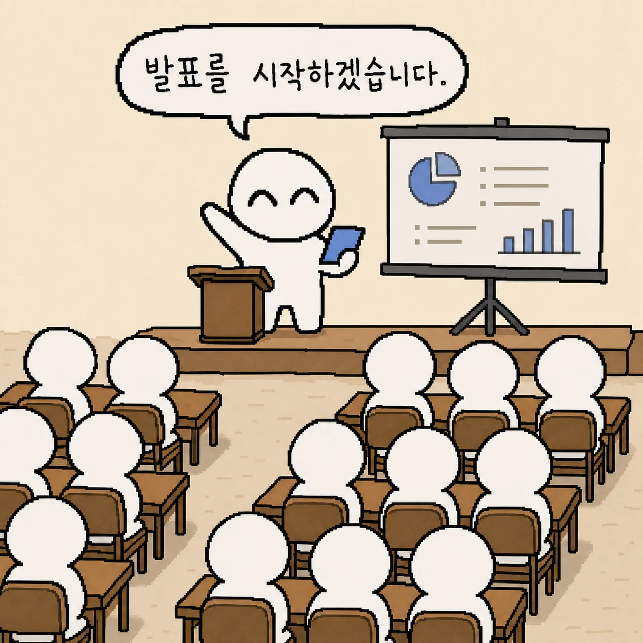 청중 앞에서 발표를 준비하는 장면