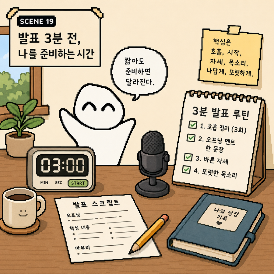 발표 3분 전 호흡, 시작 멘트, 자세, 목소리를 점검하는 루틴 장면
