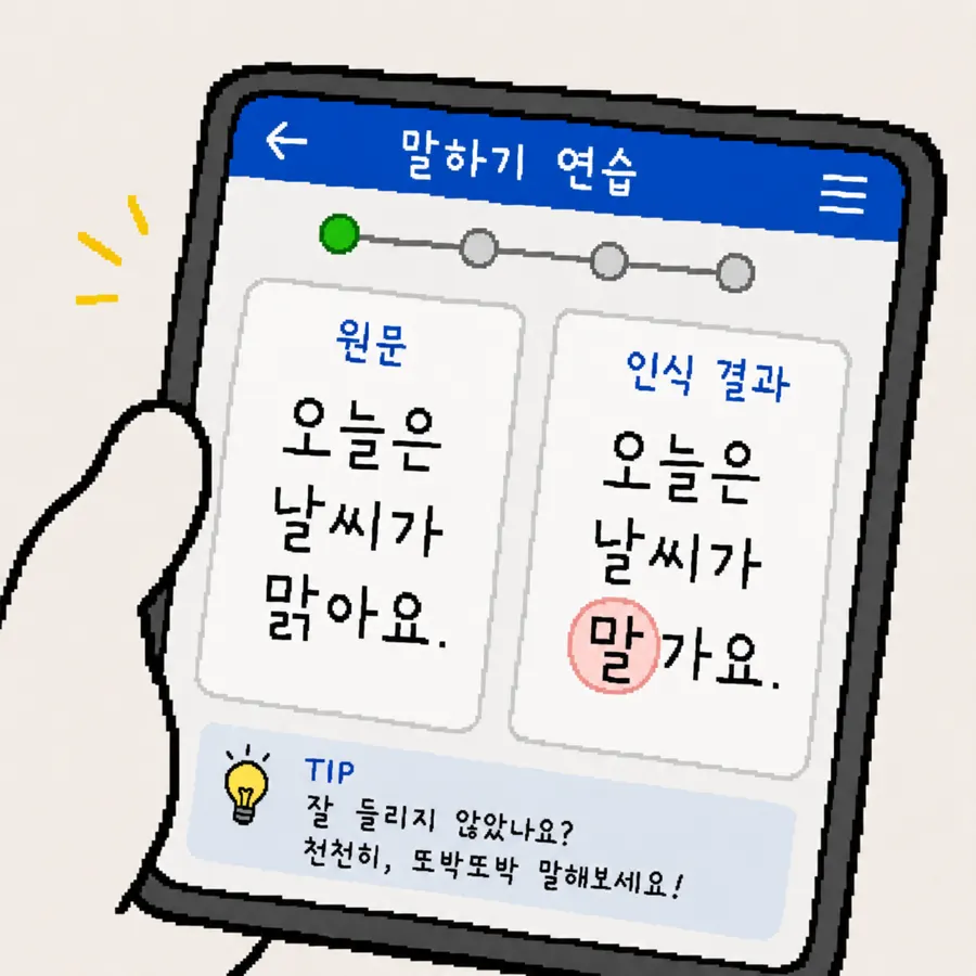 원문과 음성인식 결과를 비교하며 다르게 인식된 표현을 확인하는 화면