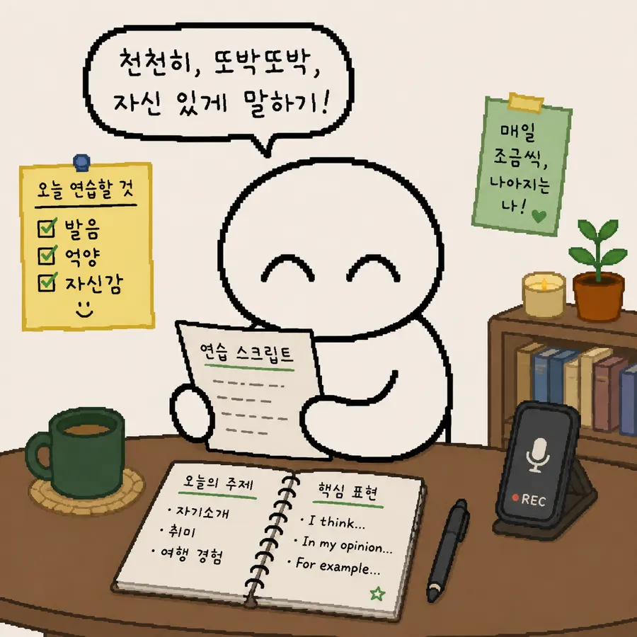 연습 스크립트와 녹음 앱을 보며 대본을 읽는 장면