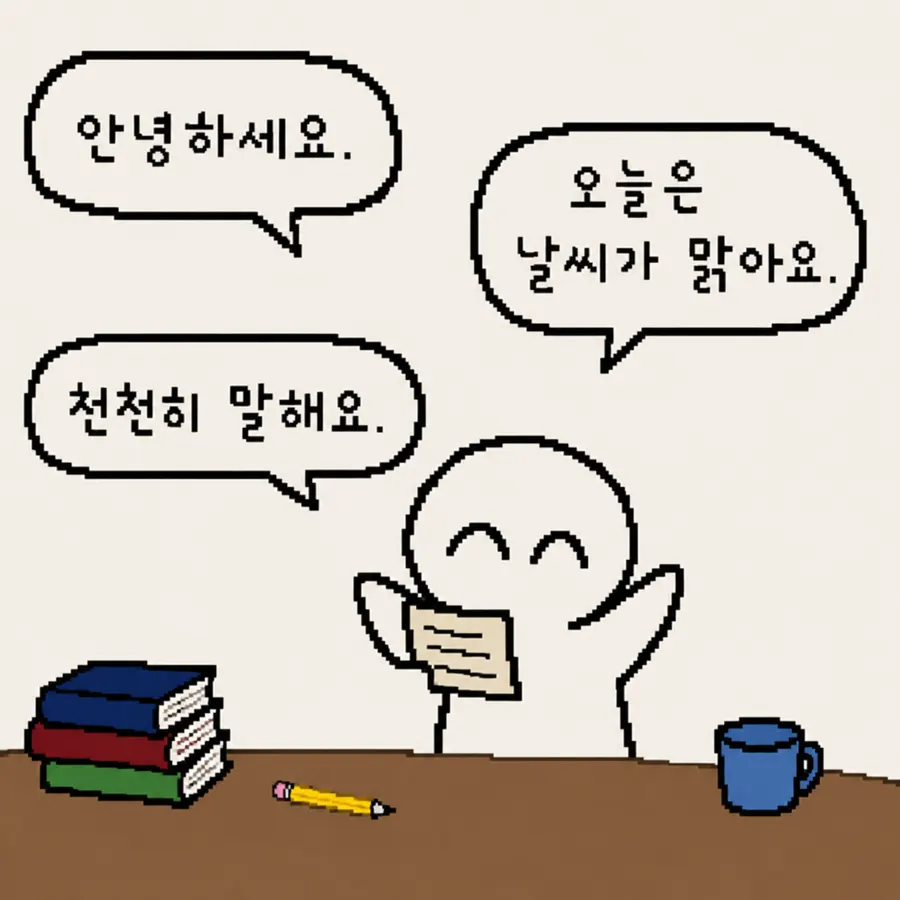짧은 한국어 문장을 하나씩 소리 내어 읽는 연습 장면