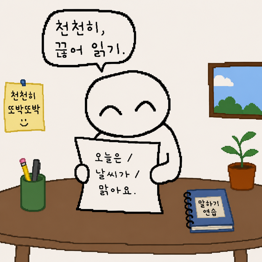 문장을 천천히 의미 단위로 끊어 읽는 연습 장면