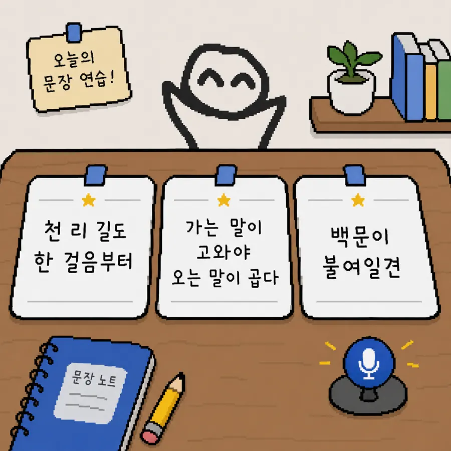 오늘의 문장 카드 3개와 마이크가 놓인 말하기 연습 책상 장면
